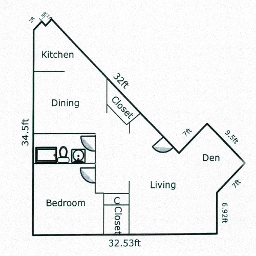 Floor plan for 1 bed, 1 bath, 752 sqft